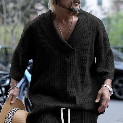 Men's casual knit pullover with V-neck and decorative cable pattern Chic and style
