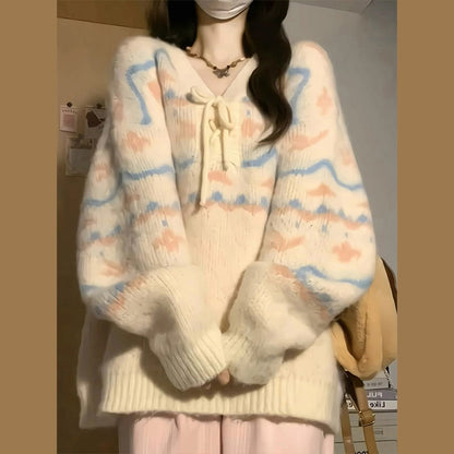 Pull décontracté pour femmes avec décolleté en V et lacets à la mode Chic und Stil