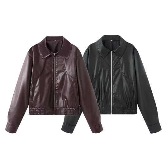 Biker jacket in faux leather for women with elastic waist and simple pockets Chic und Stil