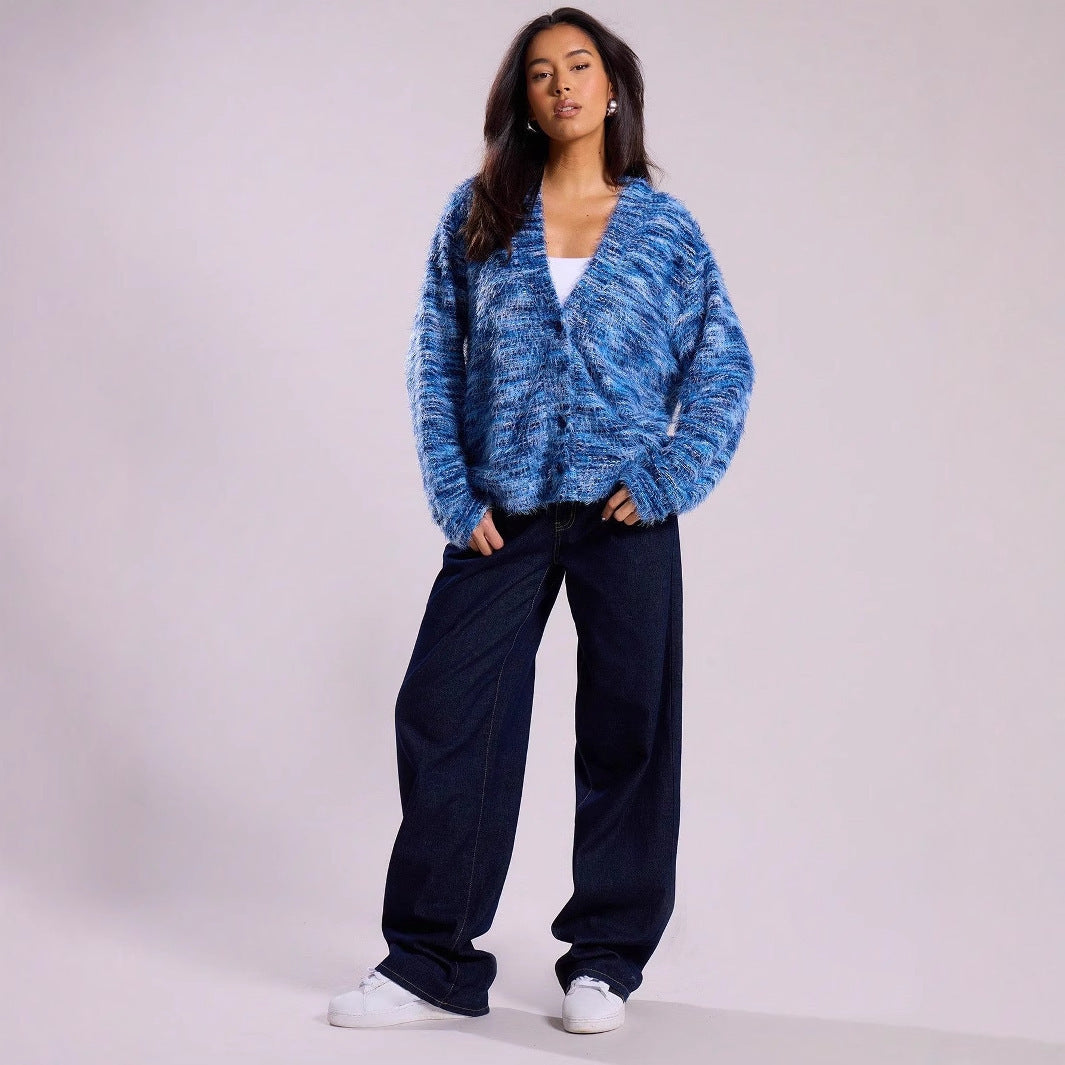 Dames Pull-over en peluche avec décolleté en V profond et coupe ample Chic und Stil