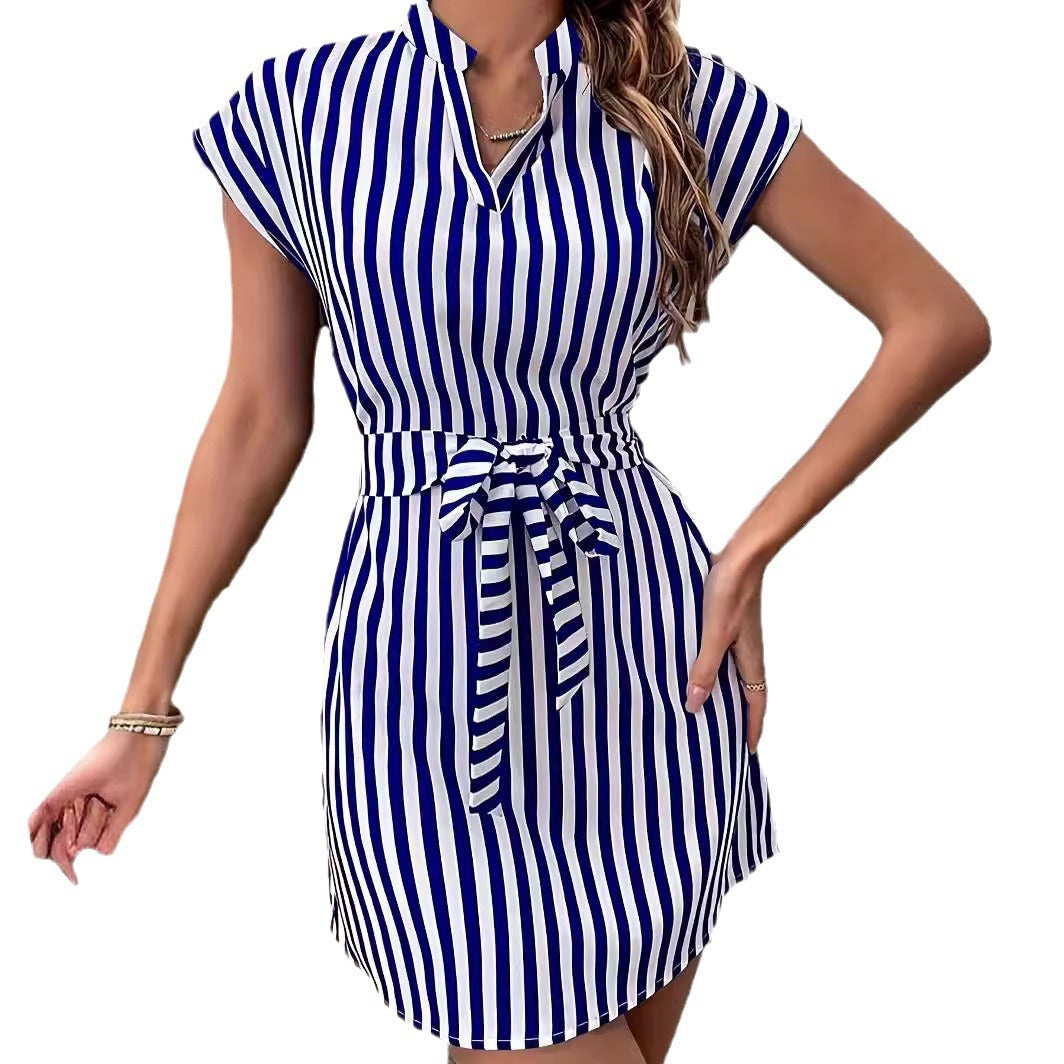 Women's Short Sleeve Shirt Dress with Tie Belt and Elegant Chic and Style Stripe