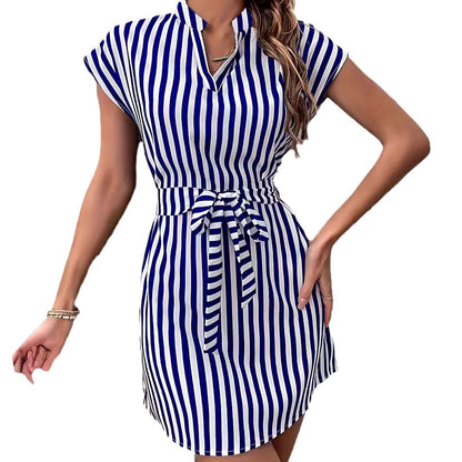 Women's Short Sleeve Shirt Dress with Tie Belt and Elegant Chic and Style Stripe