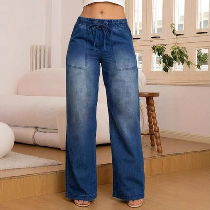 Wide denim pants for women with an elastic waistband and side pockets Chic und Stil
