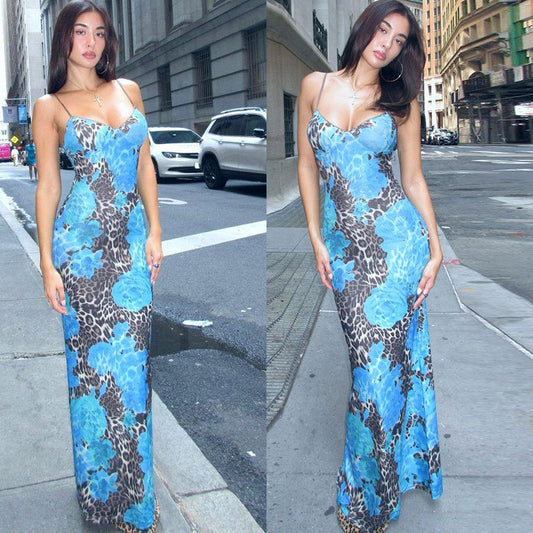 Robe maxi à bretelles spaghetti pour femmes avec impression florale et animale Chic und Stil
