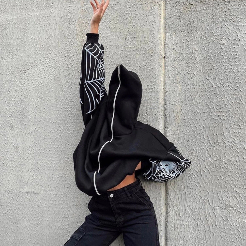 Pull à capuche pour femmes avec un motif unique de toile d'araignée et une coupe généreuse Chic und Stil