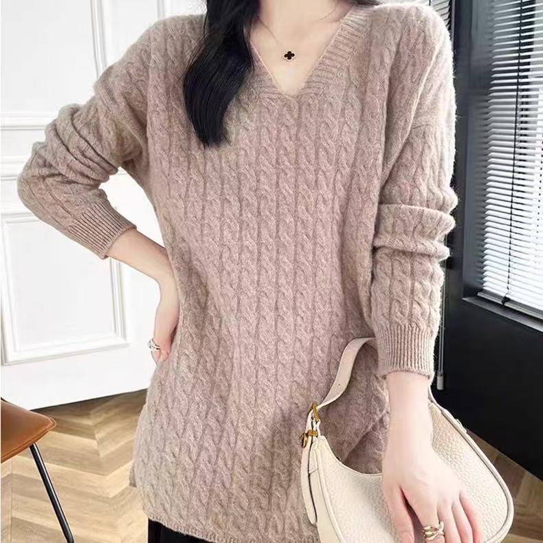 Femme pull en grosse maille avec décolleté en V et coupe décontractée Chic und Stil