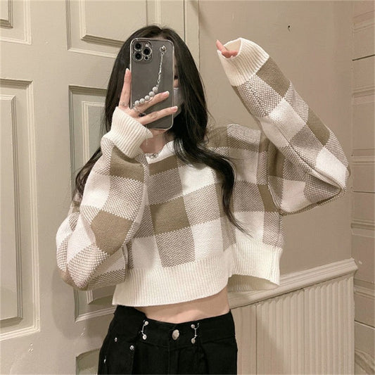 Pull cropped à motifs carreaux pour dames Chic und Stil