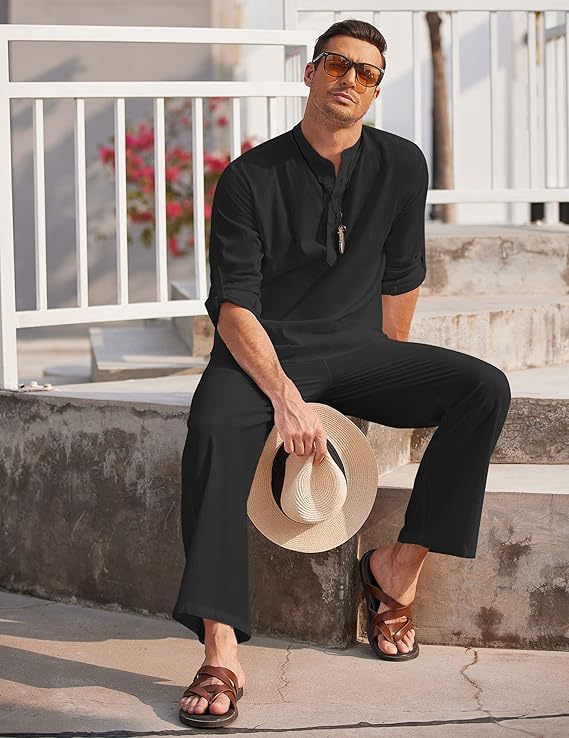 Light beach pants for men and stylish long sleeve shirt Chic und Stil