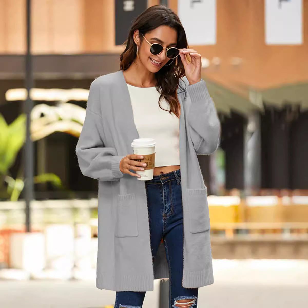 Dames gros tricot kimono cardigan avec manches ouvertes et poches pratiques Chic und Stil