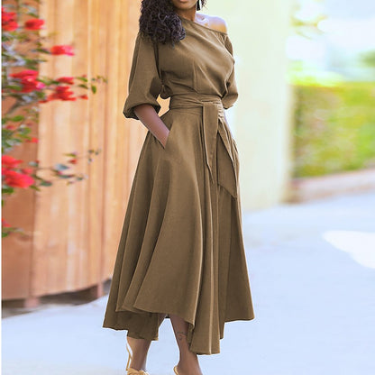 Robes midi élégantes pour femmes avec un design sans épaules et une ceinture à la taille Chic und Stil