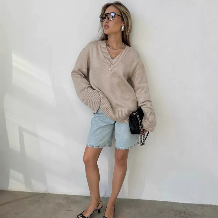 Dames élégant pull à col en V Chic und Stil