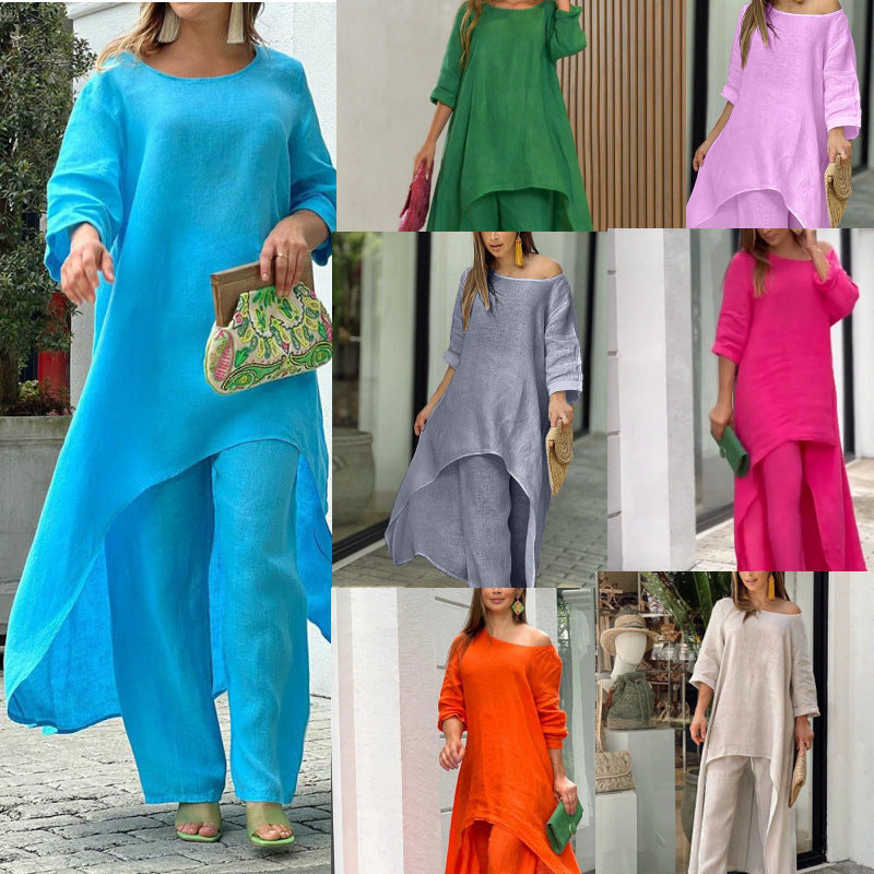 Asymmetrical elegant linen tunic set for women and Chic und Stil pants
