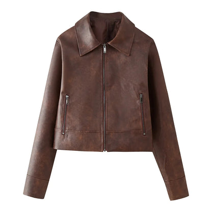 Synthetic leather jacket for women with an elegant cropped design and practical zip pockets Chic and Style