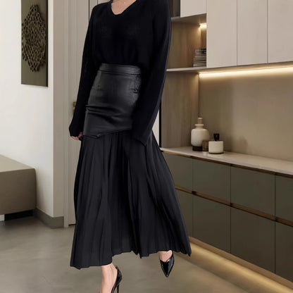 Femmes Élégante combinaison d'un fin pull en tricot et d'une chic jupe en cuir Chic und Stil