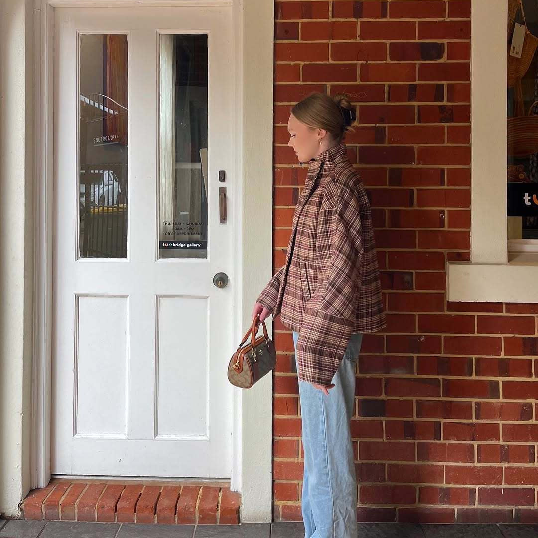 Ladies Oversized Checked Jacket with High Collar and Single Button Placket Chic and Style