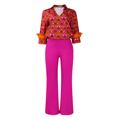 Expressive outfit for women with printed blouse and wide pants Chic and Style