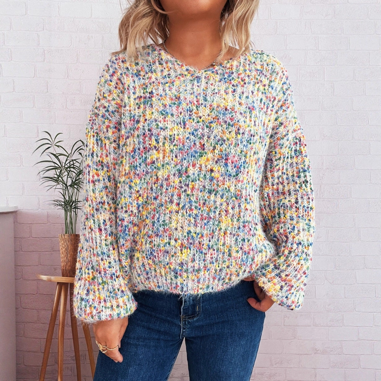 Femme pull en tricot confortable avec motif texturé coloré et manches larges Chic und Stil