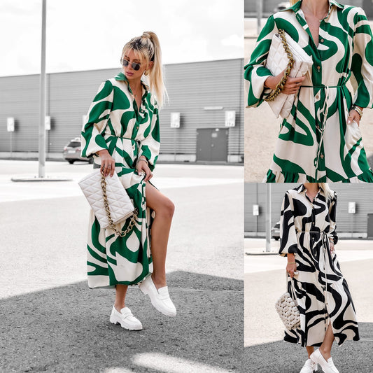 Dames Élégante Robe Maxi Chemise Chic und Stil