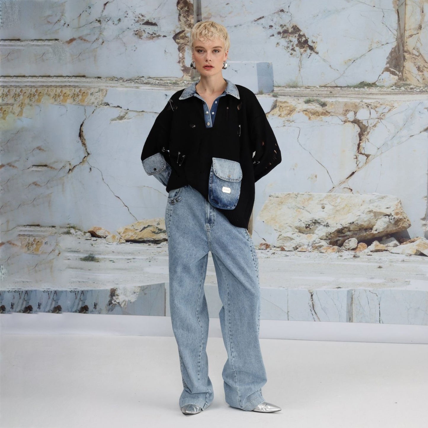 Dames Urban Oversized Pull avec Détails en Denim Chic und Stil