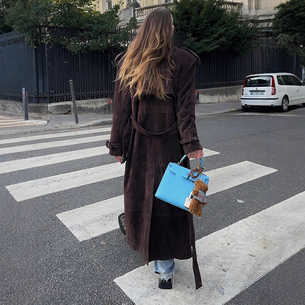 Dames Élégant Trench-coat en Daim avec large col et poches pratiques Chic und Stil