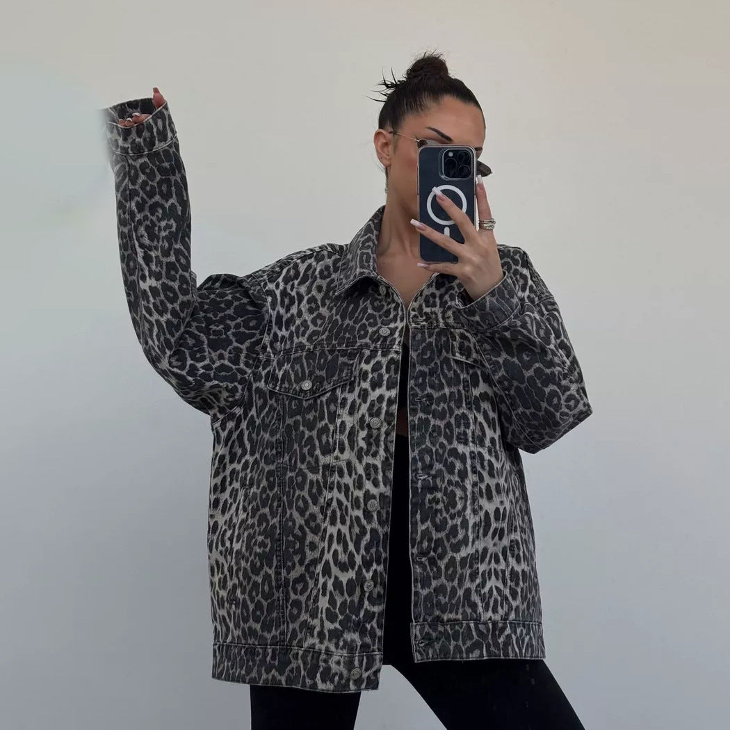 Oversized denim jacket for women with animal print Chic and Style