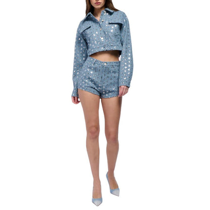 Cropped denim jacket for women with sparkling star pattern and matching shorts Chic and Style