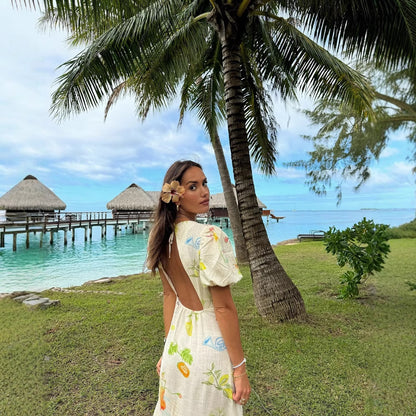 Robe maxi femme avec imprimé coloré et volants fluides Chic und Stil