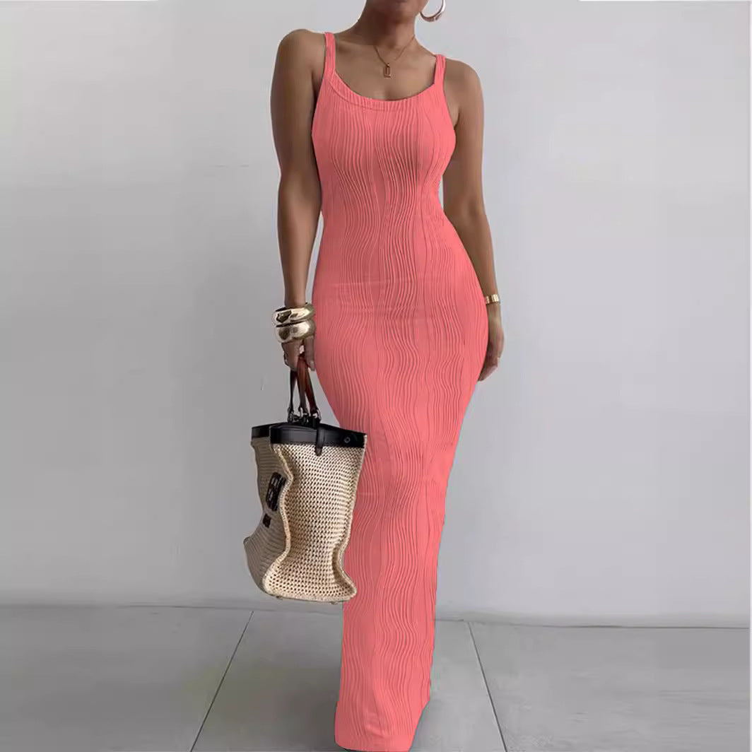 Femme Robe maxi élégante avec structure en rib et fines bretelles Chic und Stil