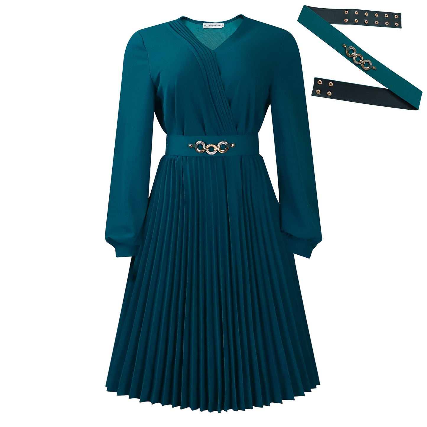 Robe portefeuille plissée pour femmes avec ceinture et élégante broche Chic und Stil