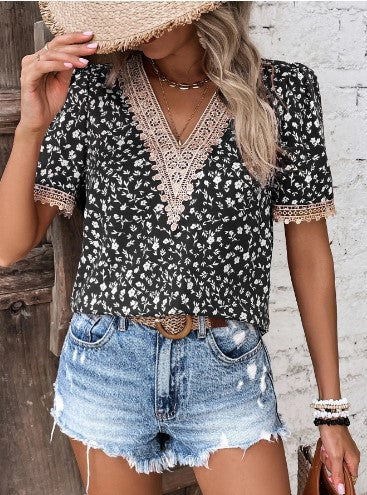 Dames Brodé Fleurs Col V Haut Chic und Stil