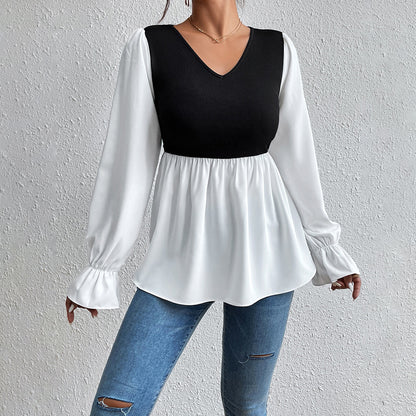 Dames élégant haut avec décolleté en V asymétrique et manches bouffantes Chic und Stil