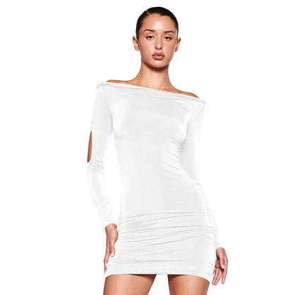 Femmes Robe Mini Élégante Off-Shoulder à Manches Longues avec Détails en Volant Chic und Stil