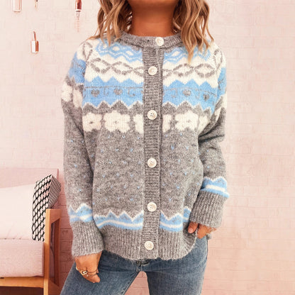 Dames cardigan confortable avec des motifs bleus et fermeture à boutons Chic und Stil