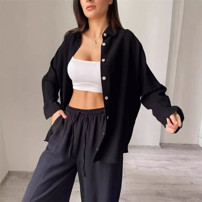Women Casual Set in Lightweight Blended Fabric with Loose Blouse and Comfortable Pants Chic and Style