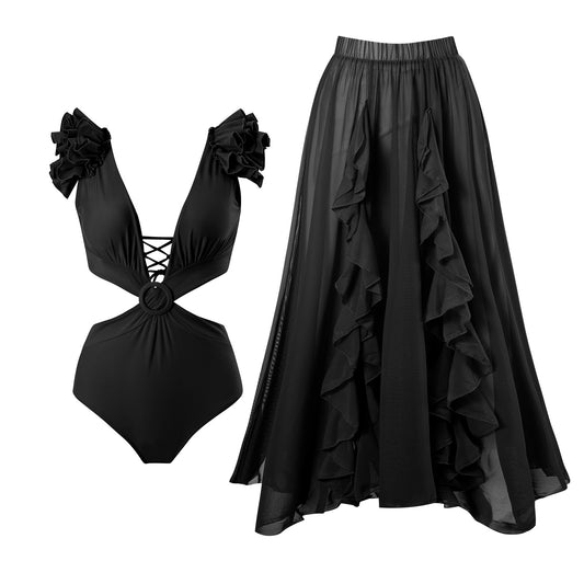 Maillot de bain femme avec détails en volants et jupe imprimée Chic und Stil