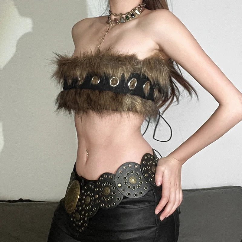 Dames Bustier en fausse fourrure élégante avec détails décoratifs Chic und Stil