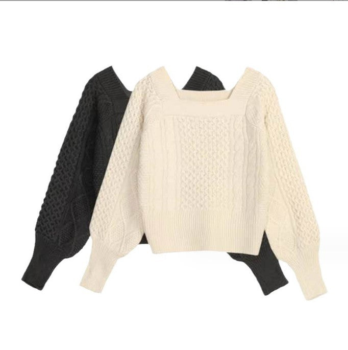 Pull femme en grosse maille avec des détails de tresse modernes et un col carré Chic und Stil