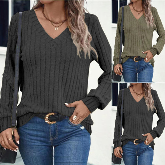 Pull-over à côtes avec col V pour dames à manches longues Chic und Stil