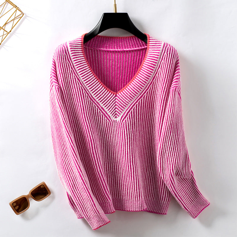 Pull-over en tricot pour femmes avec décolleté en V et design rayé Chic und Stil