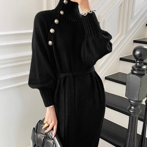 Robe en tricot élégante pour femme avec col roulé à la mode et fermeture à boutons détaillée Chic und Stil