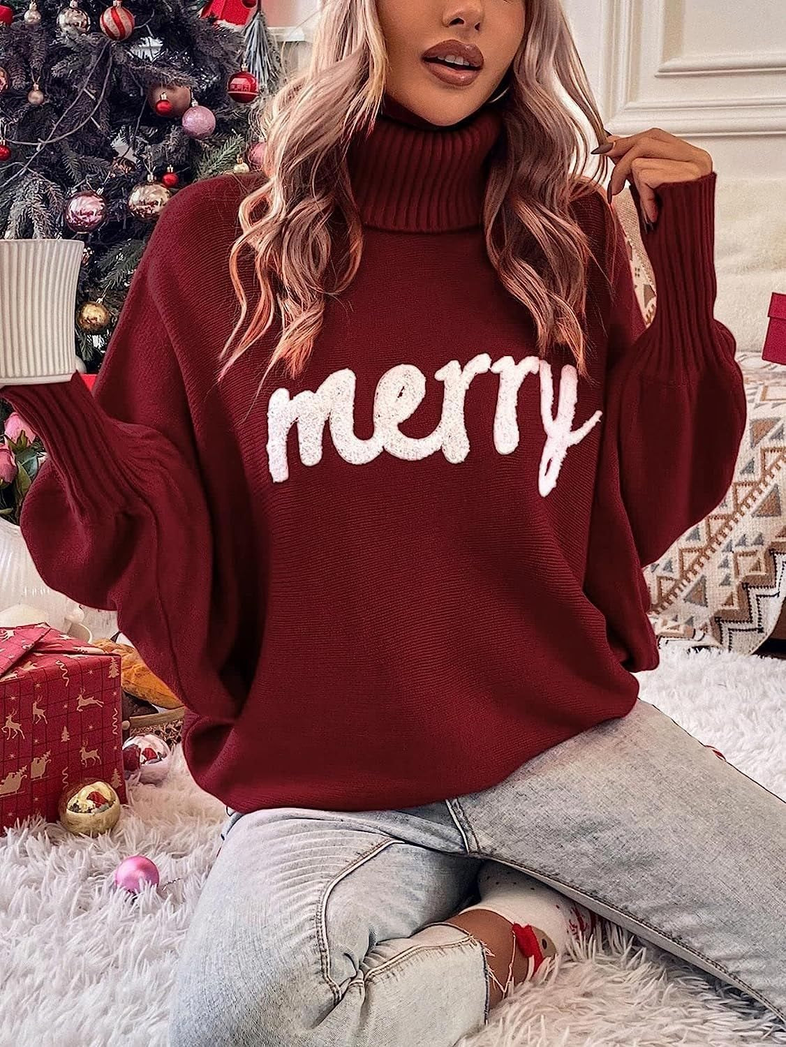 Pull à col roulé surdimensionné pour femmes avec inscription festive Chic und Stil