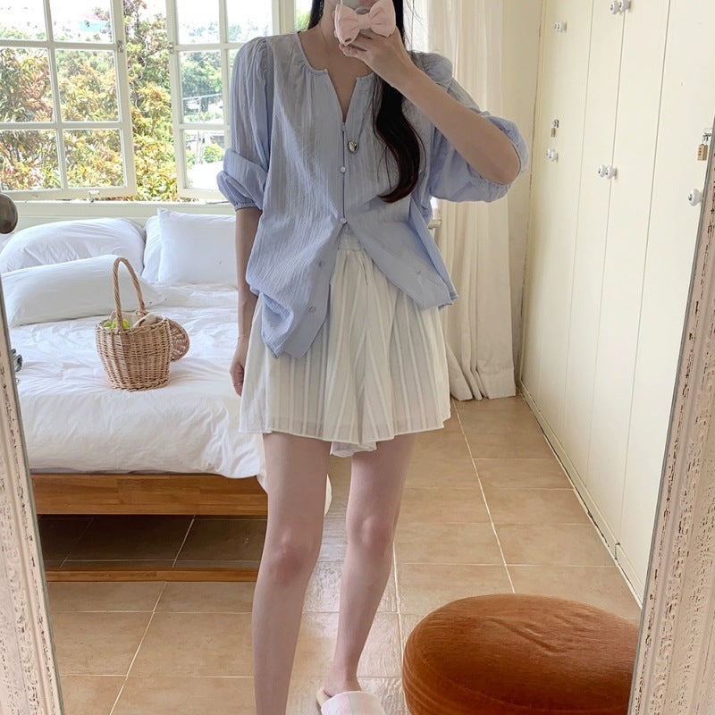 Dames Coupe Détendue Manches Bouffantes Chemise Boutonnée Chic und Stil