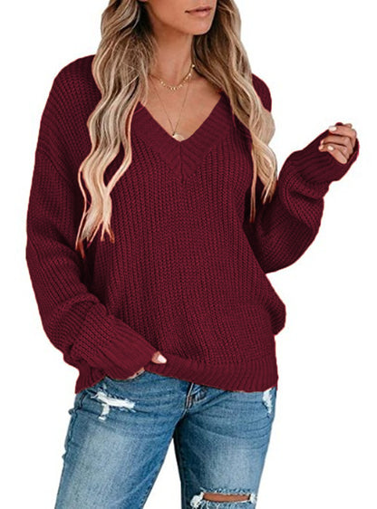 Pull en gros tricot pour femmes avec décolleté en V profond et manches décontractées Chic und Stil