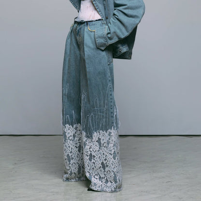 Dames Élégantes Jeans avec Applications en Dentelle Chic und Stil