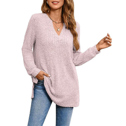 Pull tunique à col V côtelé pour femme Chic und Stil
