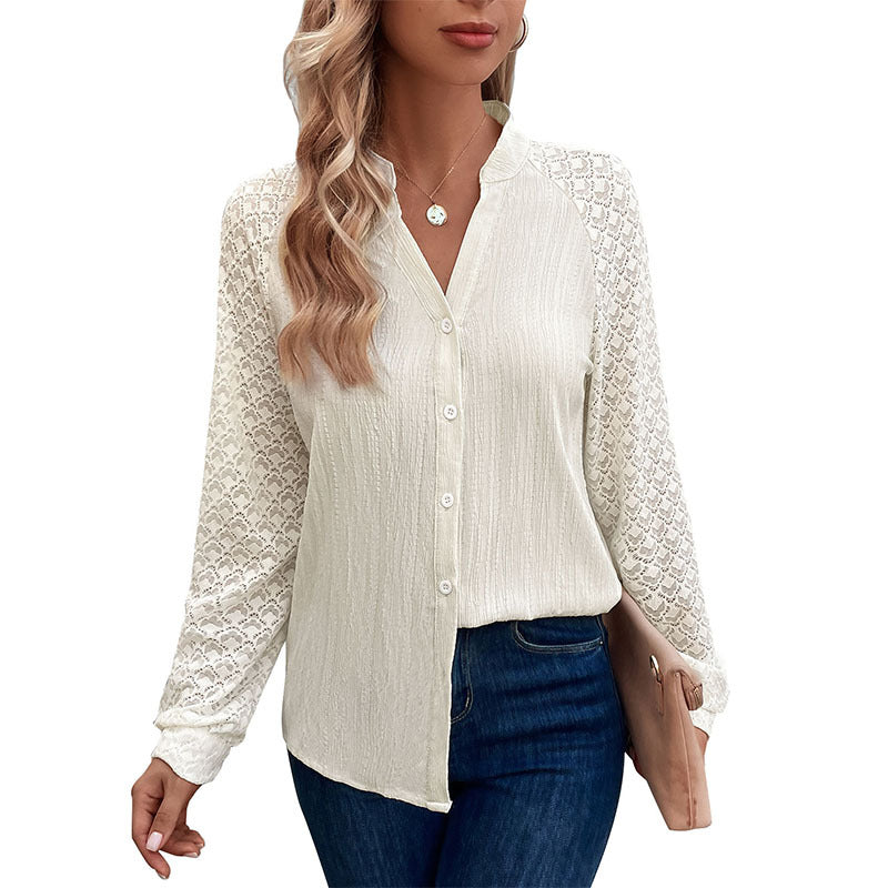 Dames élégante blouse avec des manches en dentelle et des détails de boutons fins Chic und Stil