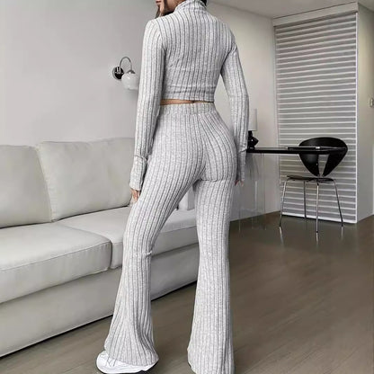 Modern knit set for ladies with cropped top and wide pants Chic and Style
