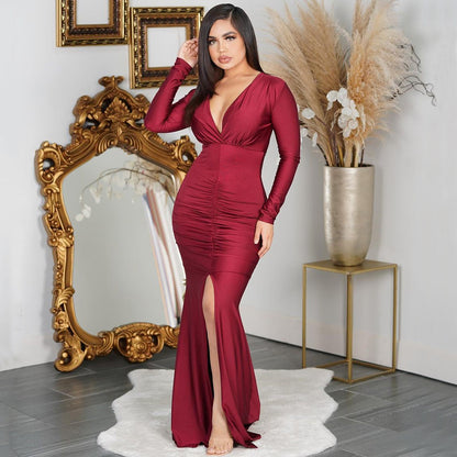 Robe de soirée chic et stylée pour dames à fente haute et volants