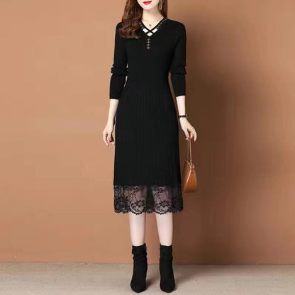 Robe en tricot pour femmes avec élégant bord en dentelle et décolleté en V Chic und Stil