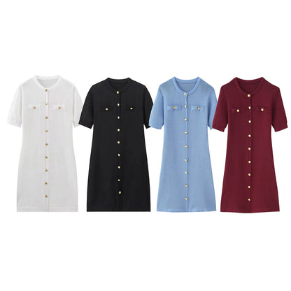 Robe en tricot pour femmes à manches courtes et patte de boutonnage Chic und Stil